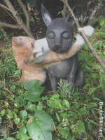 kammi embracing a bronze cat sculpture in the garden